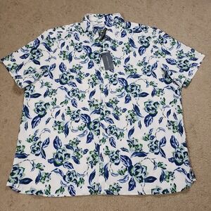 Perry Ellis Total Stretch Button-Up Short Sleeve Shirt Mens 2XL White Floral NWT